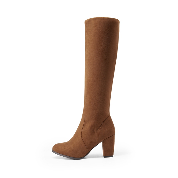 Round-Toe Chunky Heel Knee High Boots - BROWN-SUEDE - 3