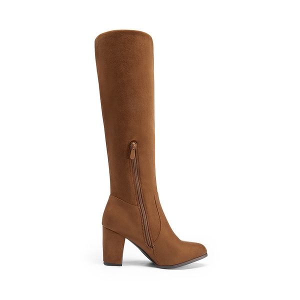 Round-Toe Chunky Heel Knee High Boots - BROWN-SUEDE - 4