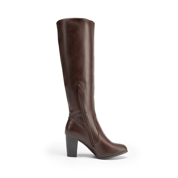 Round-Toe Chunky Heel Knee High Boots - BROWN-PU - 4