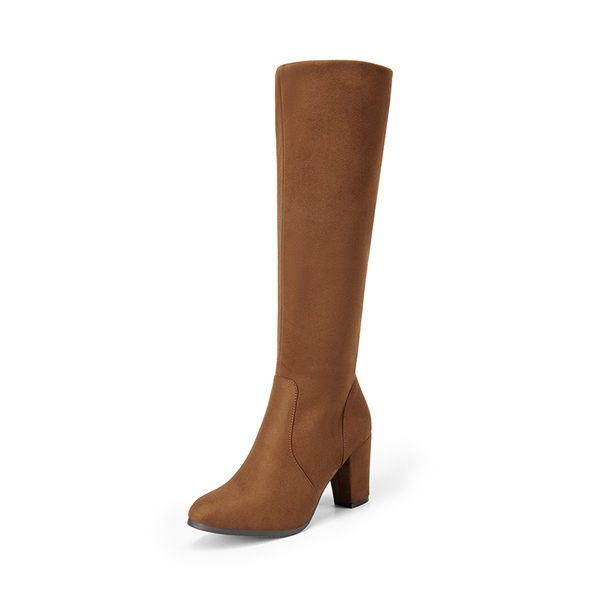 Round-Toe Chunky Heel Knee High Boots - BROWN-SUEDE -  0