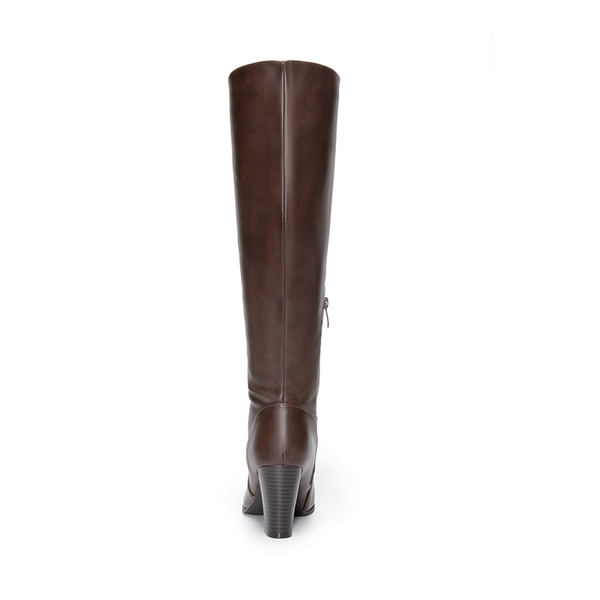 Round-Toe Chunky Heel Knee High Boots - BROWN-PU - 5