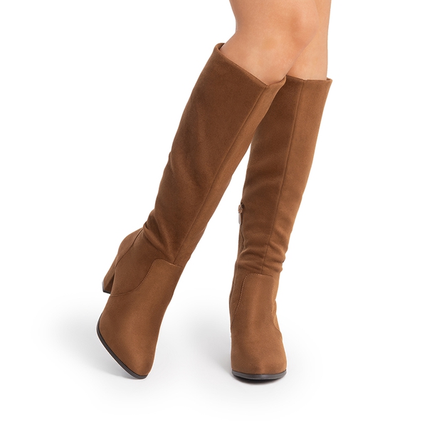 Round-Toe Chunky Heel Knee High Boots - BROWN-SUEDE - 1