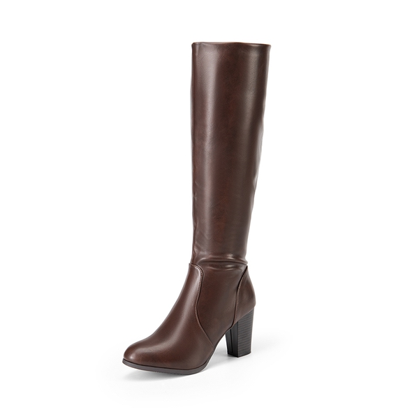 Round-Toe Chunky Heel Knee High Boots - BROWN-PU -  0