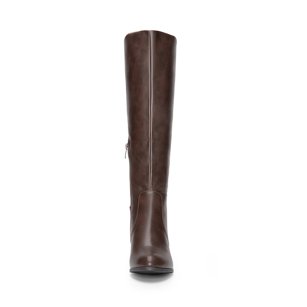 Round-Toe Chunky Heel Knee High Boots - BROWN-PU - 6