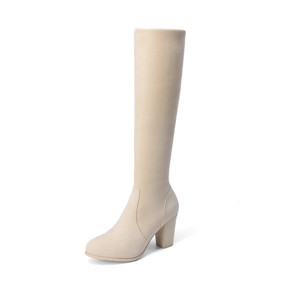 Round-Toe Chunky Heel Knee High Boots - BEIGE -  0