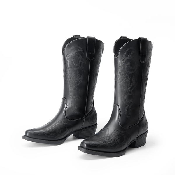 Square-toe Mid-Calf Cowgirl Boots - ALL BLACK - 5