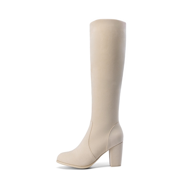 Round-Toe Chunky Heel Knee High Boots - BEIGE - 3