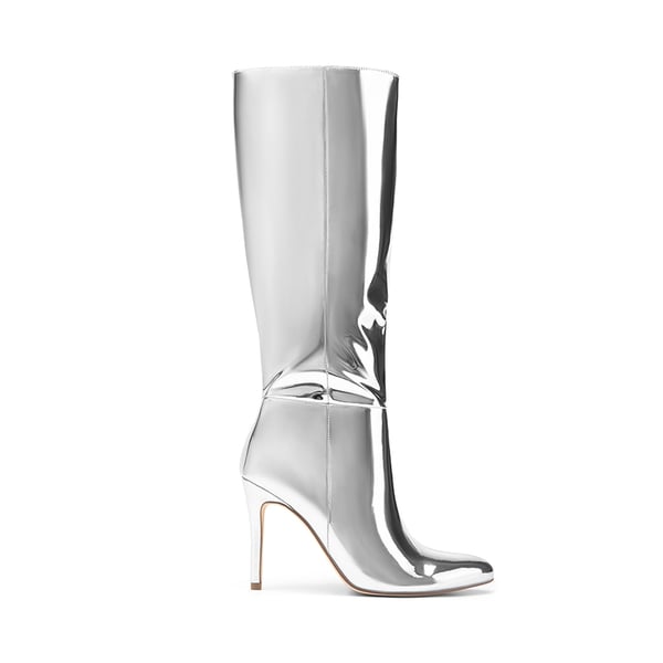 Pointed Toe Stiletto High Heel Knee High Boots - SILVER-PAT - 1