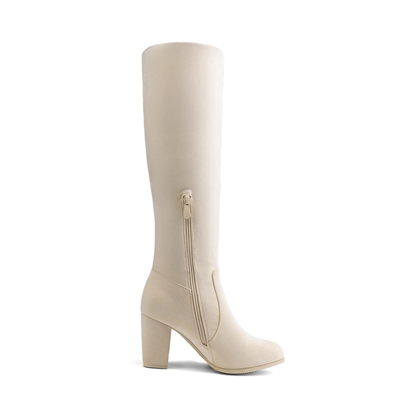 Round-Toe Chunky Heel Knee High Boots - BEIGE - 5