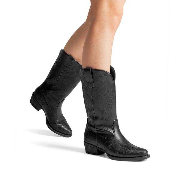 Square-toe Mid-Calf Cowgirl Boots - ALL BLACK - 1