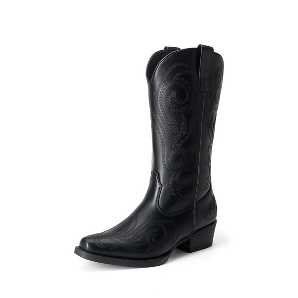 Square-toe Mid-Calf Cowgirl Boots - ALL BLACK -  0