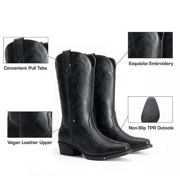 Square-toe Mid-Calf Cowgirl Boots - ALL BLACK - 6