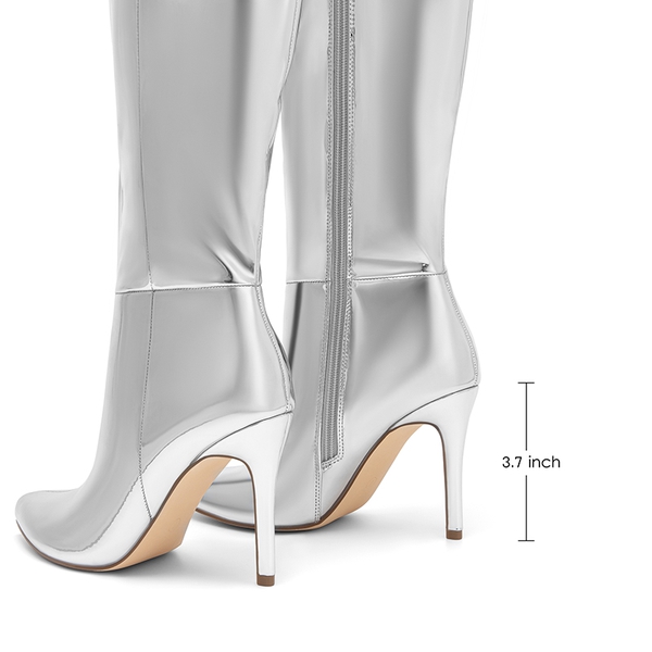 Pointed Toe Stiletto High Heel Knee High Boots - SILVER-PAT - 3
