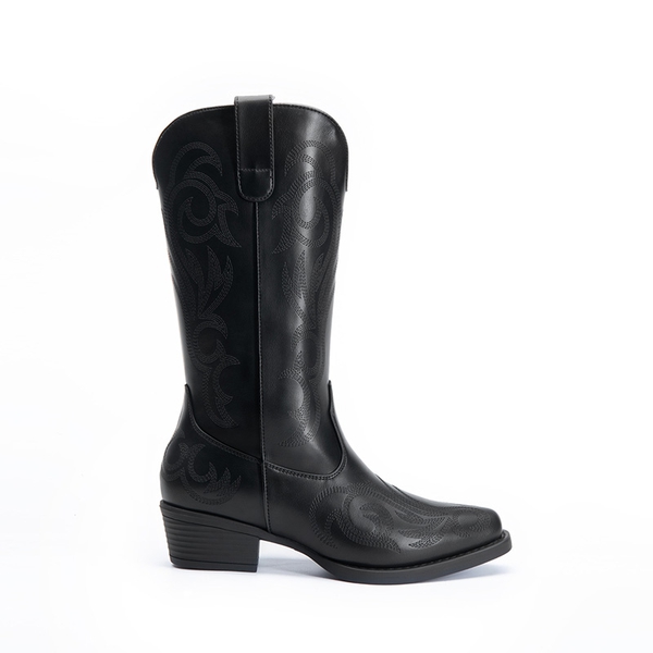 Square-toe Mid-Calf Cowgirl Boots - ALL BLACK - 3
