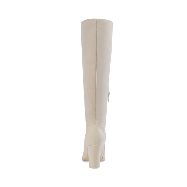 Round-Toe Chunky Heel Knee High Boots - BEIGE - 4