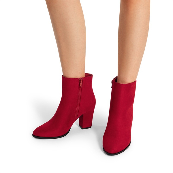 Pointed Toe Chunky Heel Ankle Boots - RED - 6