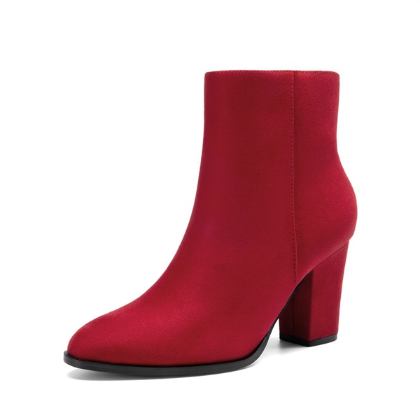 Pointed Toe Chunky Heel Ankle Boots - RED -  0