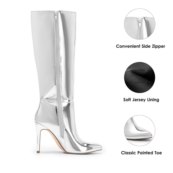 Pointed Toe Stiletto High Heel Knee High Boots - SILVER-PAT - 4