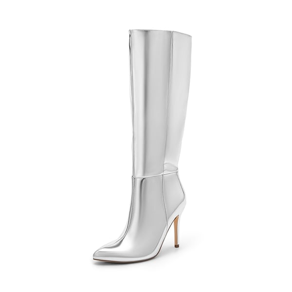 Pointed Toe Stiletto High Heel Knee High Boots - SILVER-PAT -  0