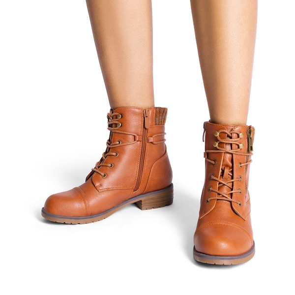Women’s Knit-Cuff Moto Ankle Boots - CAMEL - 5