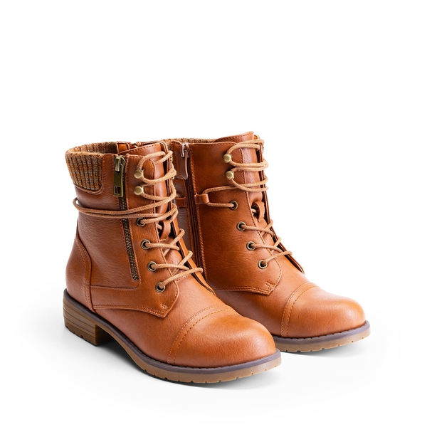 Women’s Knit-Cuff Moto Ankle Boots - CAMEL - 2