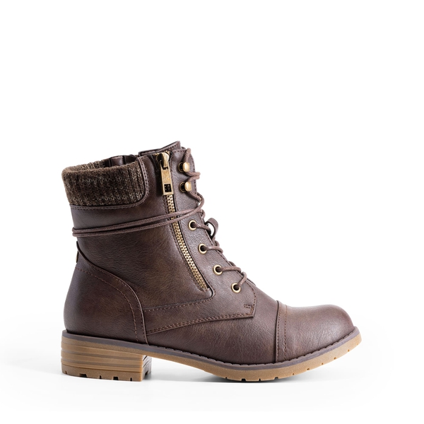 Women’s Knit-Cuff Moto Ankle Boots - BROWN - 1