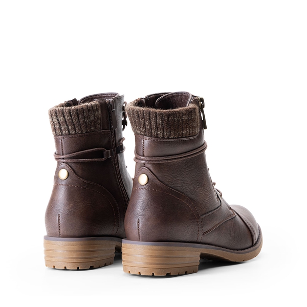 Women’s Knit-Cuff Moto Ankle Boots - BROWN - 3