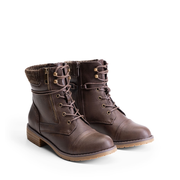 Women’s Knit-Cuff Moto Ankle Boots - BROWN - 2