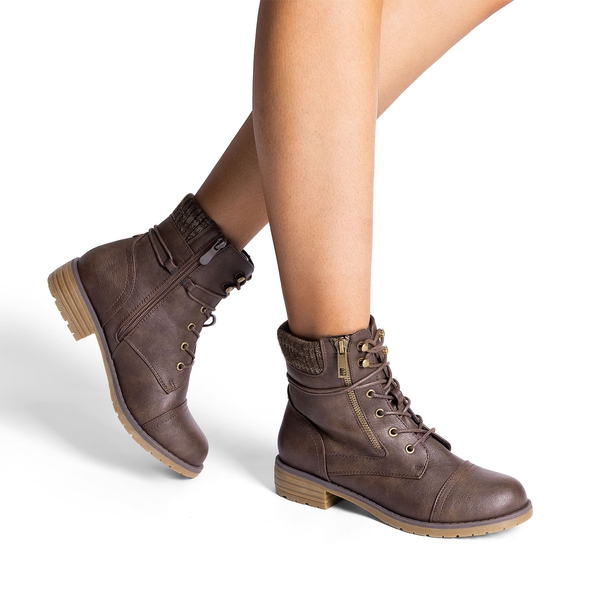 Women’s Knit-Cuff Moto Ankle Boots - BROWN - 6