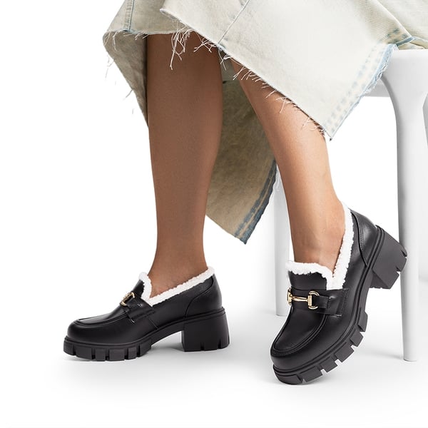 Chunky Slip-On Loafers - BLACK-FURRY - 1