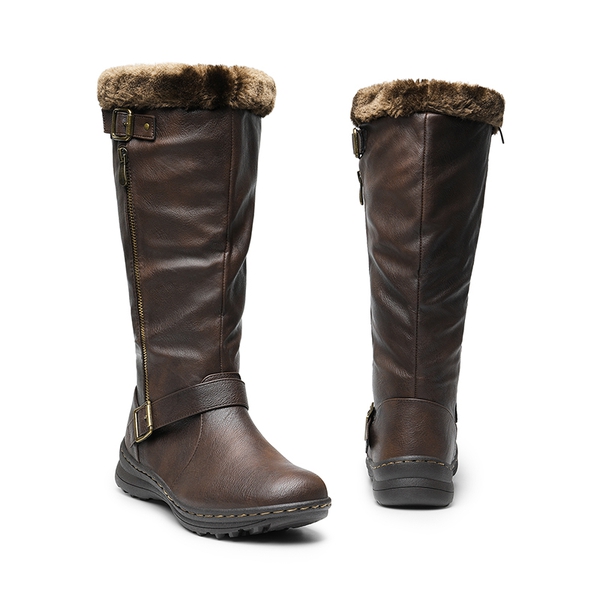 Women’s Faux Fur Lined Knee-High Boots - BROWN/PU - 4