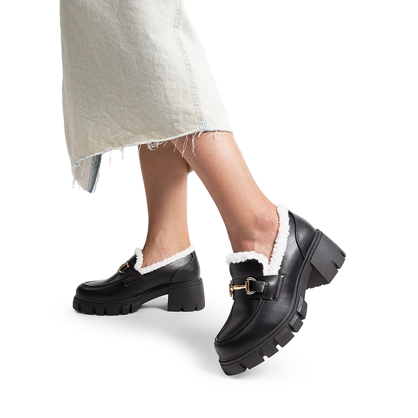 Chunky Slip-On Loafers - BLACK-FURRY - 2