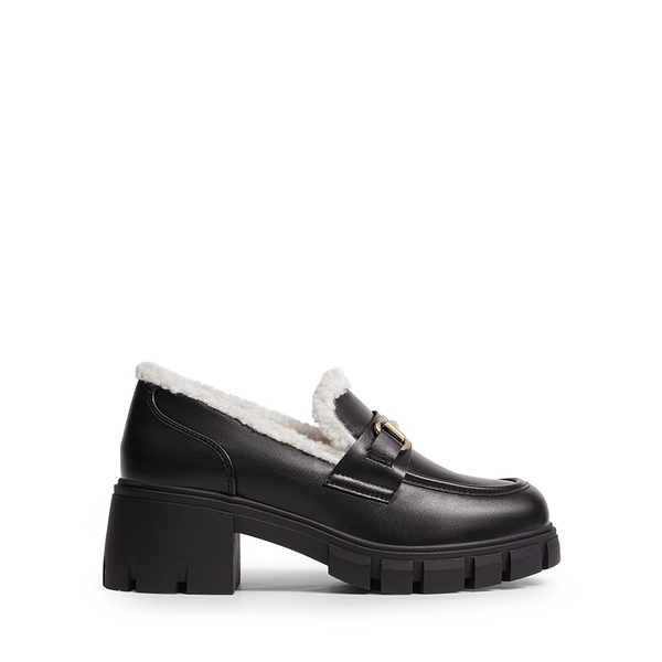 Chunky Slip-On Loafers - BLACK-FURRY - 3