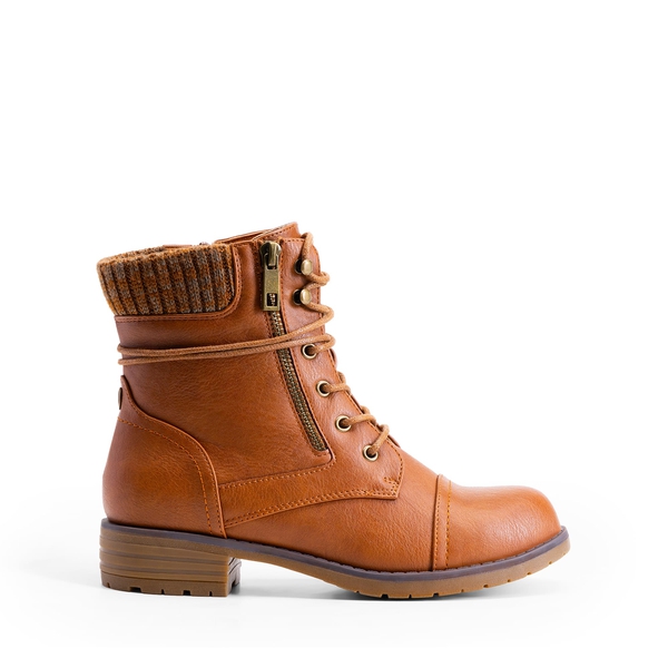 Women’s Knit-Cuff Moto Ankle Boots - CAMEL - 1