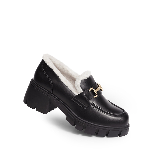 Chunky Slip-On Loafers - BLACK-FURRY - 5