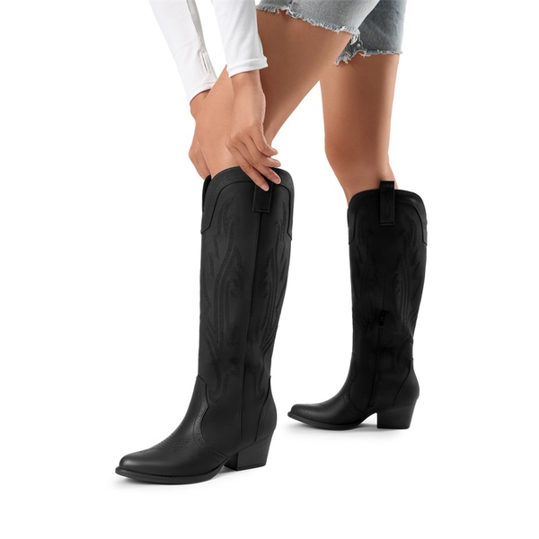 Women’s Mid Heel Western Style Boots - ALL BLACK - 6