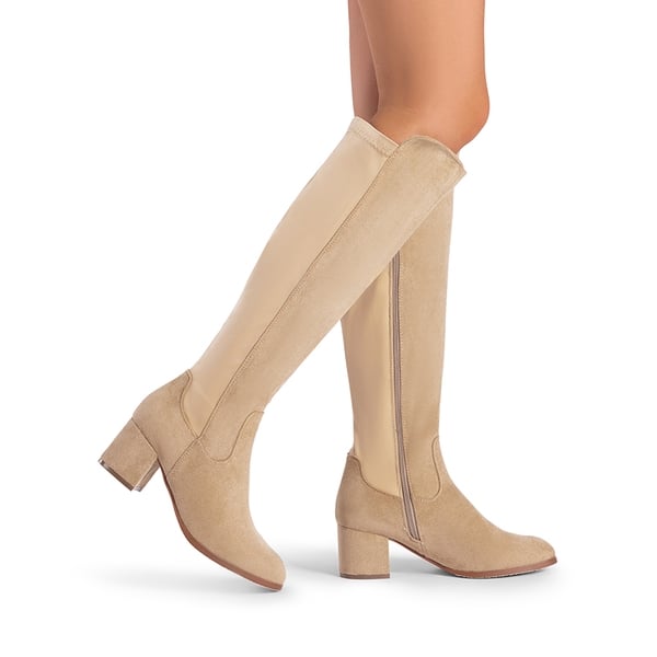 Chunky Knee High Stretch Boots - NUDE-SUEDE - 2
