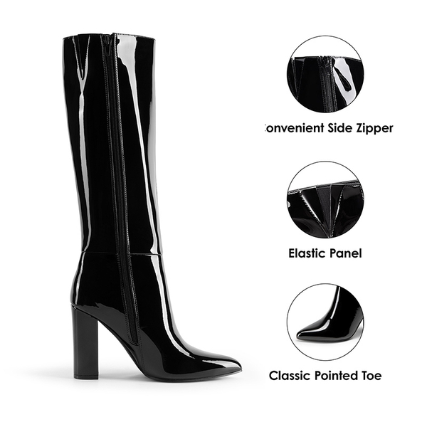 Women’s Pointed-Toe Chunky Heel Knee-high Boots  - BLACK-PAT - 4