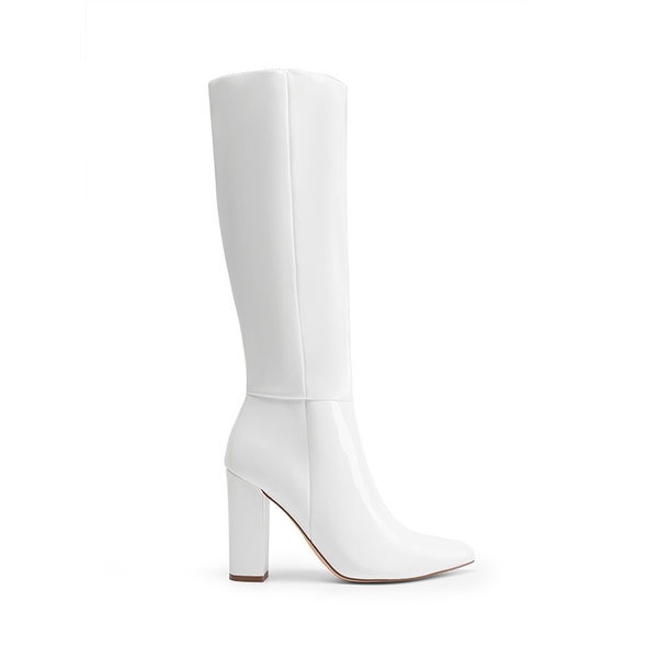 Women’s Pointed-Toe Chunky Heel Knee-high Boots  - WHITE-PAT - 1