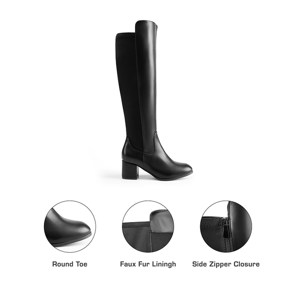 Chunky Knee High Stretch Boots - BLACK-PU - 3