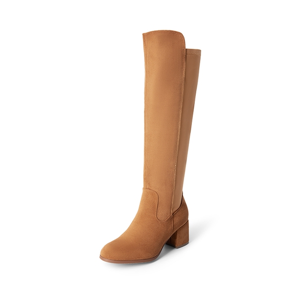 Chunky Knee High Stretch Boots - TAN-SUEDE -  0