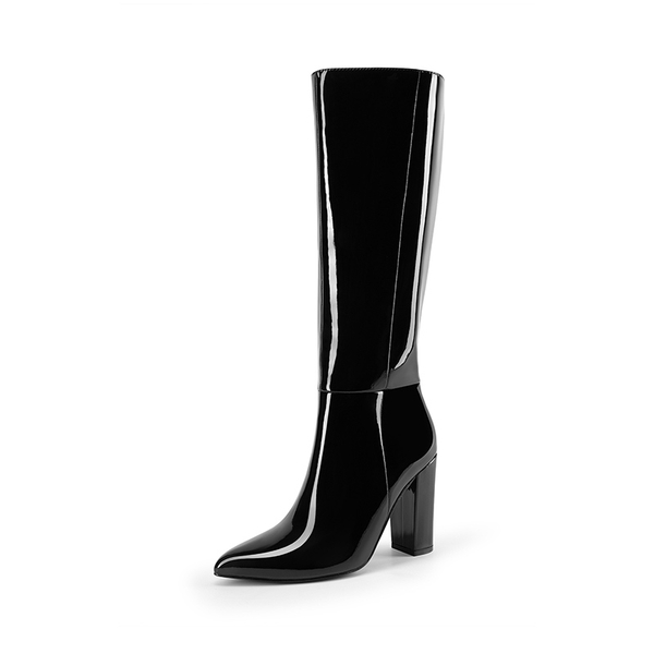 Women’s Pointed-Toe Chunky Heel Knee-high Boots  - BLACK-PAT -  0