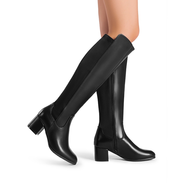 Chunky Knee High Stretch Boots - BLACK-PU - 2