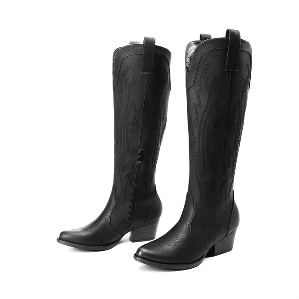 Women’s Mid Heel Western Style Boots - ALL BLACK - 3