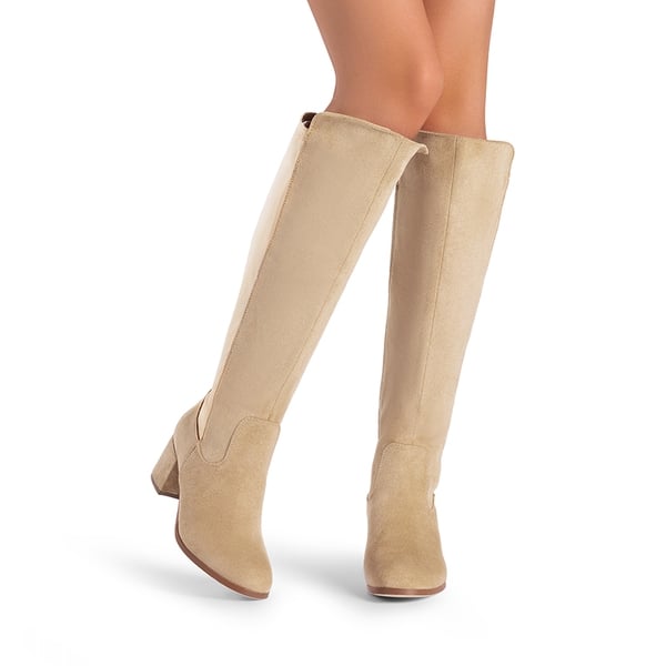 Chunky Knee High Stretch Boots - NUDE-SUEDE - 1