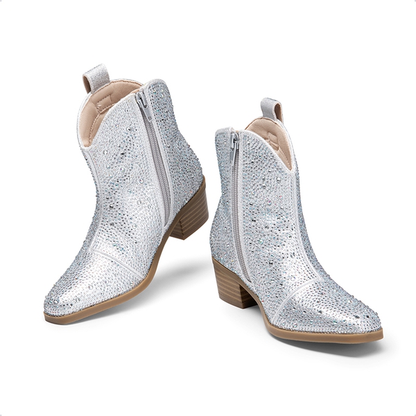 Girls’ Rhinestone Square-Toe Cowgirl Boots - SILVER - 4