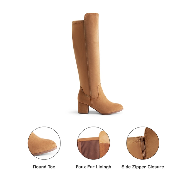 Chunky Knee High Stretch Boots - TAN-SUEDE - 3