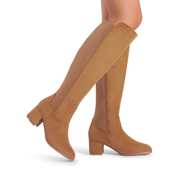 Chunky Knee High Stretch Boots - TAN-SUEDE - 2