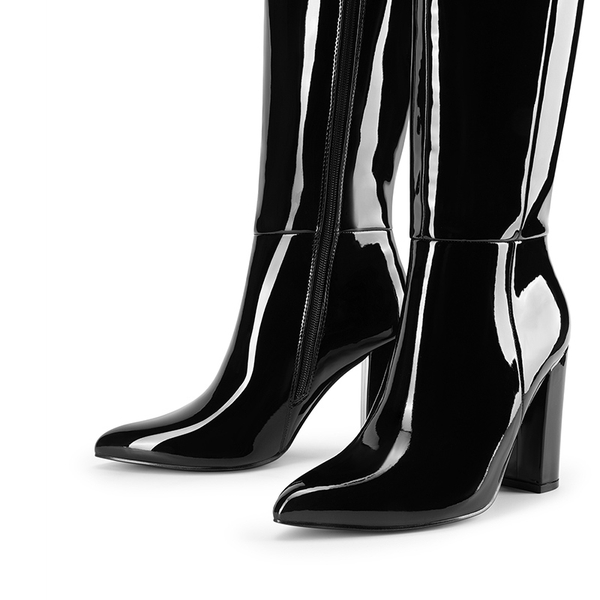 Women’s Pointed-Toe Chunky Heel Knee-high Boots  - BLACK-PAT - 2