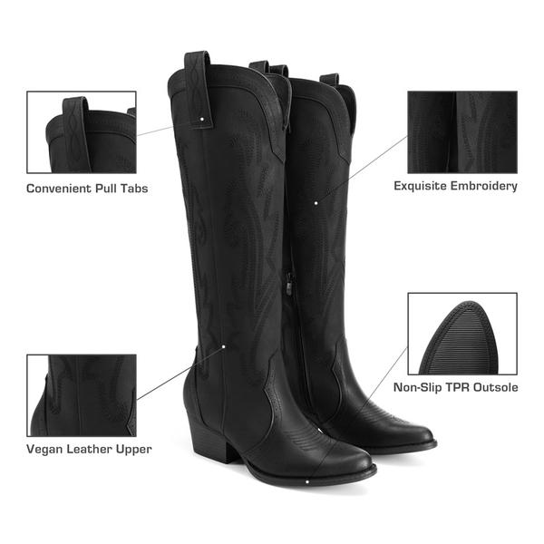 Women’s Mid Heel Western Style Boots - ALL BLACK - 4